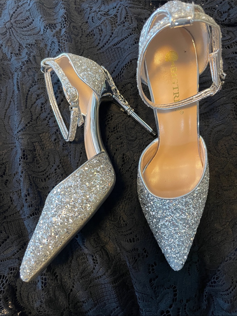 Sparkle Pointed Silver Ankle-Strap Heels